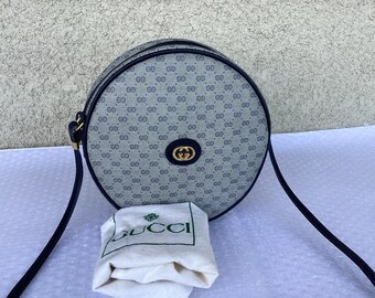 Old 1990 s Vintage Gucci Round Canteen Bag Blue Micro GG Canvas Good Used Preowned Condition