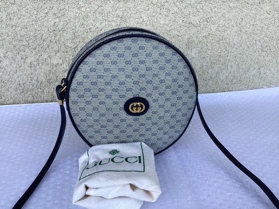 Old 1990s Vintage Gucci Round Canteen Bag Blue Micro GG -  Israel