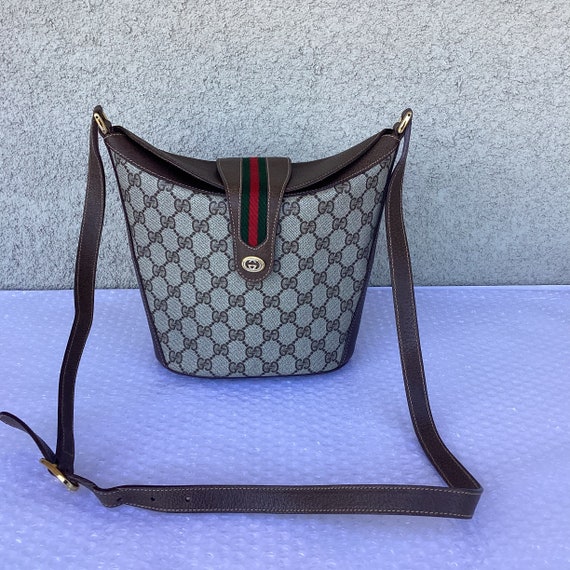 1990s Old Vintage Gucci Bucket Bag Brown GG Canvas Good Preowned