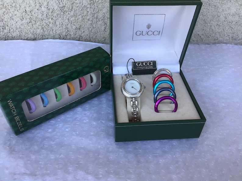 Vintage Gucci Stainless Steel Interchangeable Bezel Rice Links Watch Mint Condition 