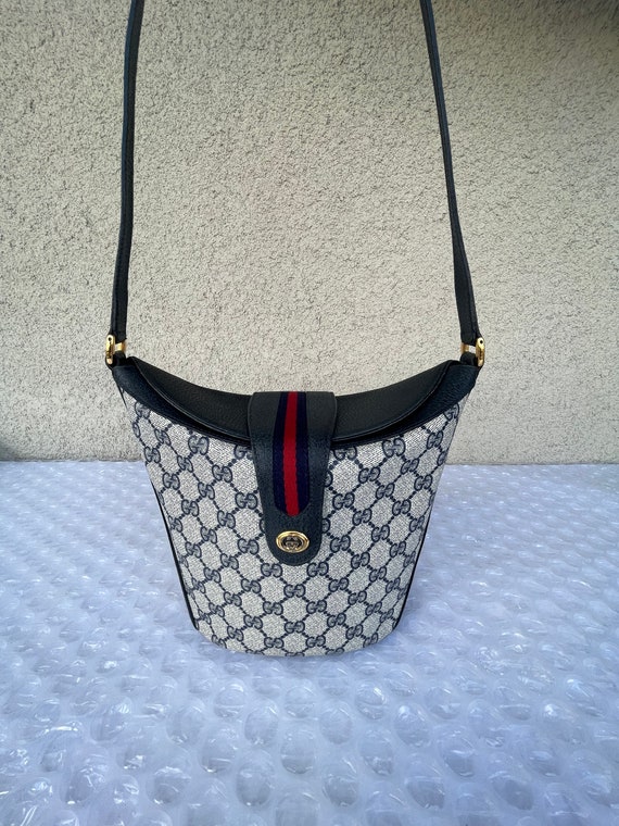 Gucci 1980s Navy Monogram Canvas and Leather Shoulder Bag