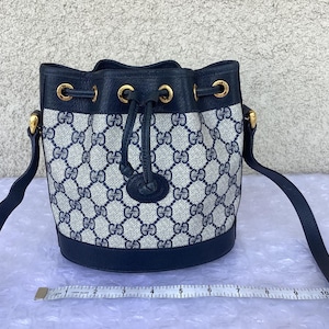 Vintage Gucci Crossbody Small Bucket Bag Drawstring Closure Blue Canvas Preowned Condition. image 1