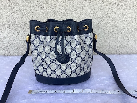 Vintage Gucci Crossbody Small Bucket Bag Drawstring Closure Blue Canvas Preowned Condition.