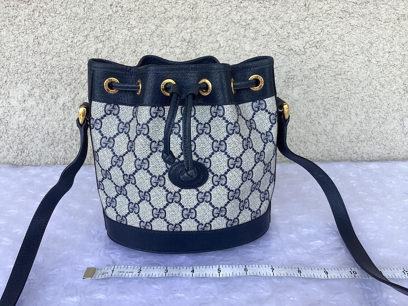 Vintage Gucci Crossbody Small Bucket Bag Drawstring Closure Blue Canvas Preowned Condition. image 1