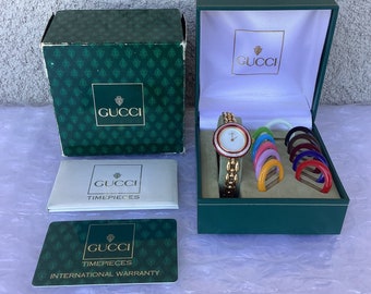 1990’s Vintage Gucci 11/12.2 Interchangeable Bezel Watch Rice Links Bracelet Gold Tone Mint Preowned Condition