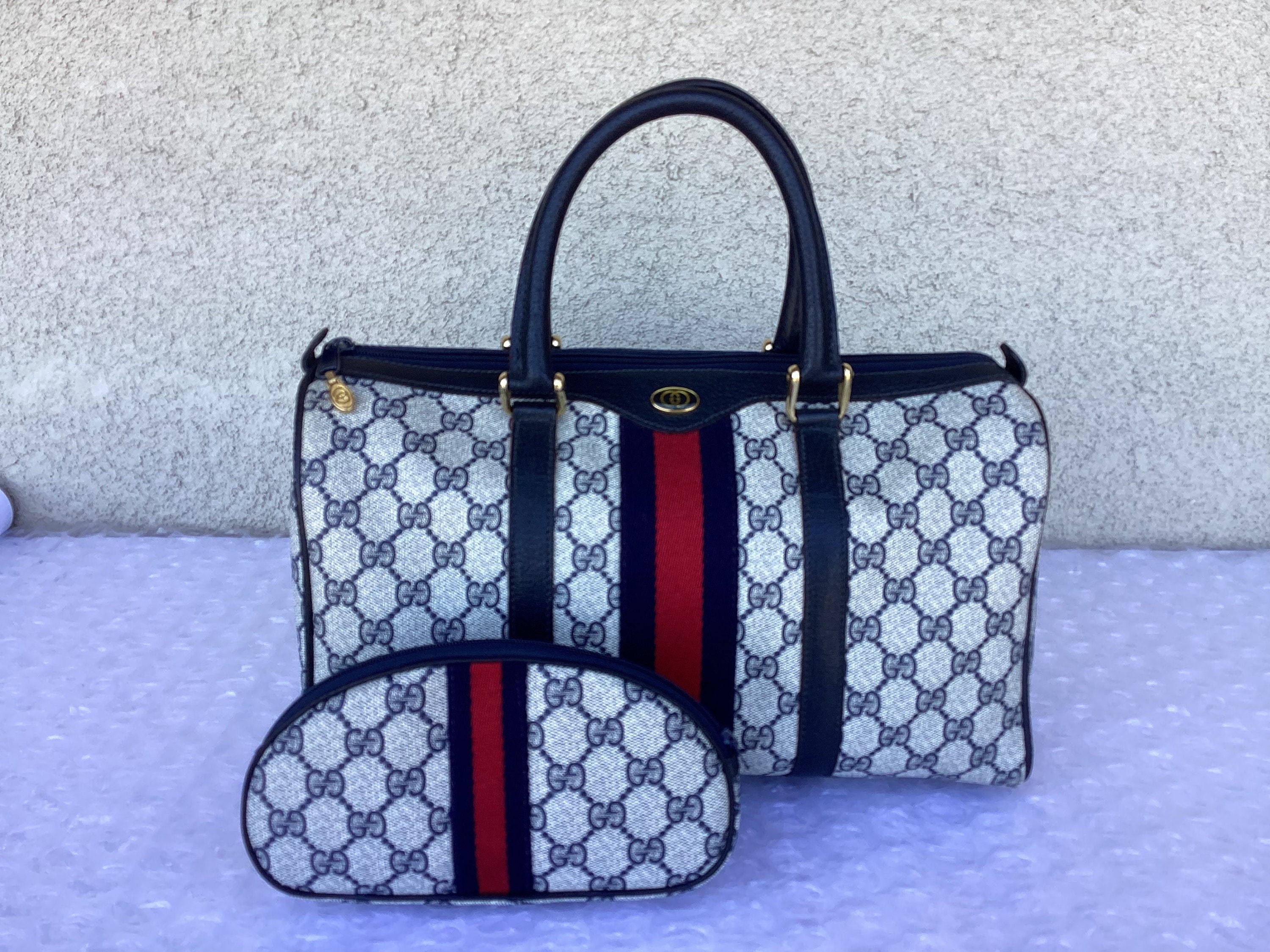 Vintage Old Gucci Doctor Bag With Matching Makeup Bag Blue