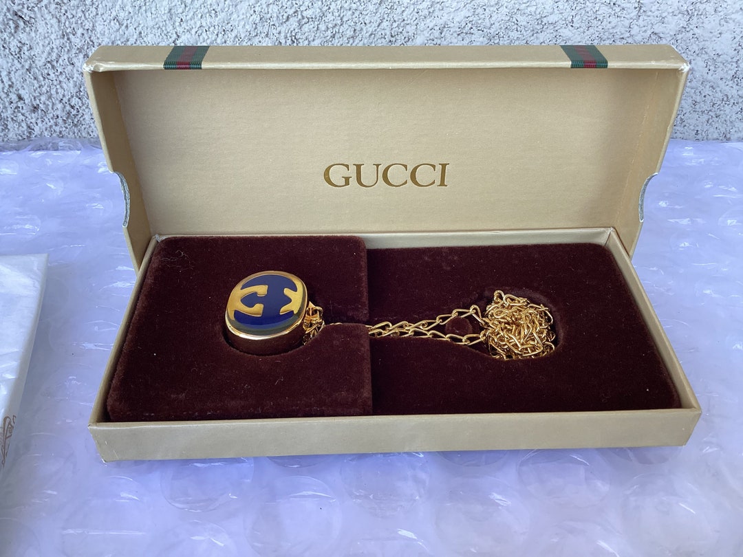 Old 1980s Vintage Gucci Pillbox Pendant Blue Enamel Gold Tone Mint