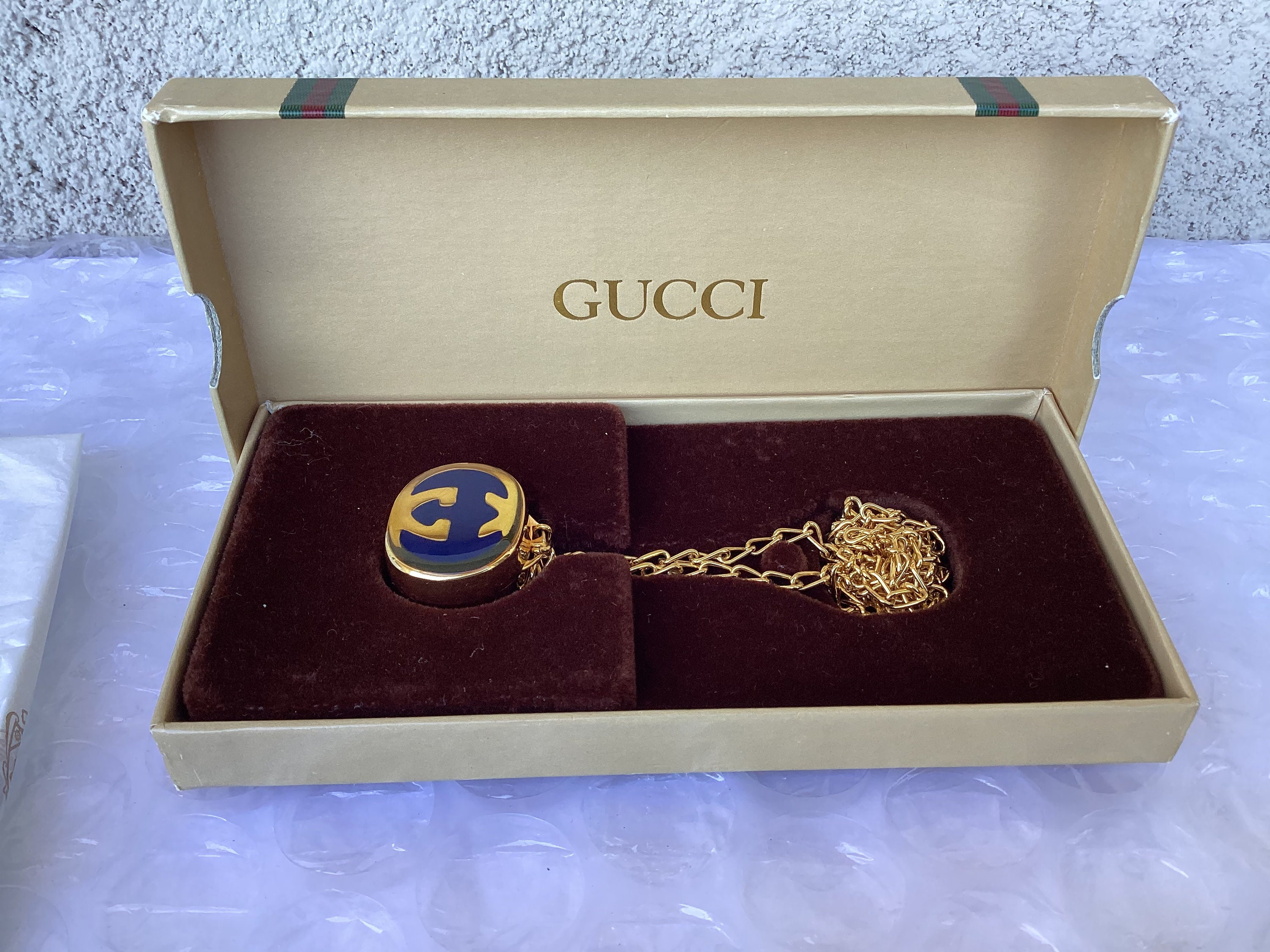 Gucci Old Gucci Pill Box Gold Chain Necklace Sherry Line Red Green enamel  stripe