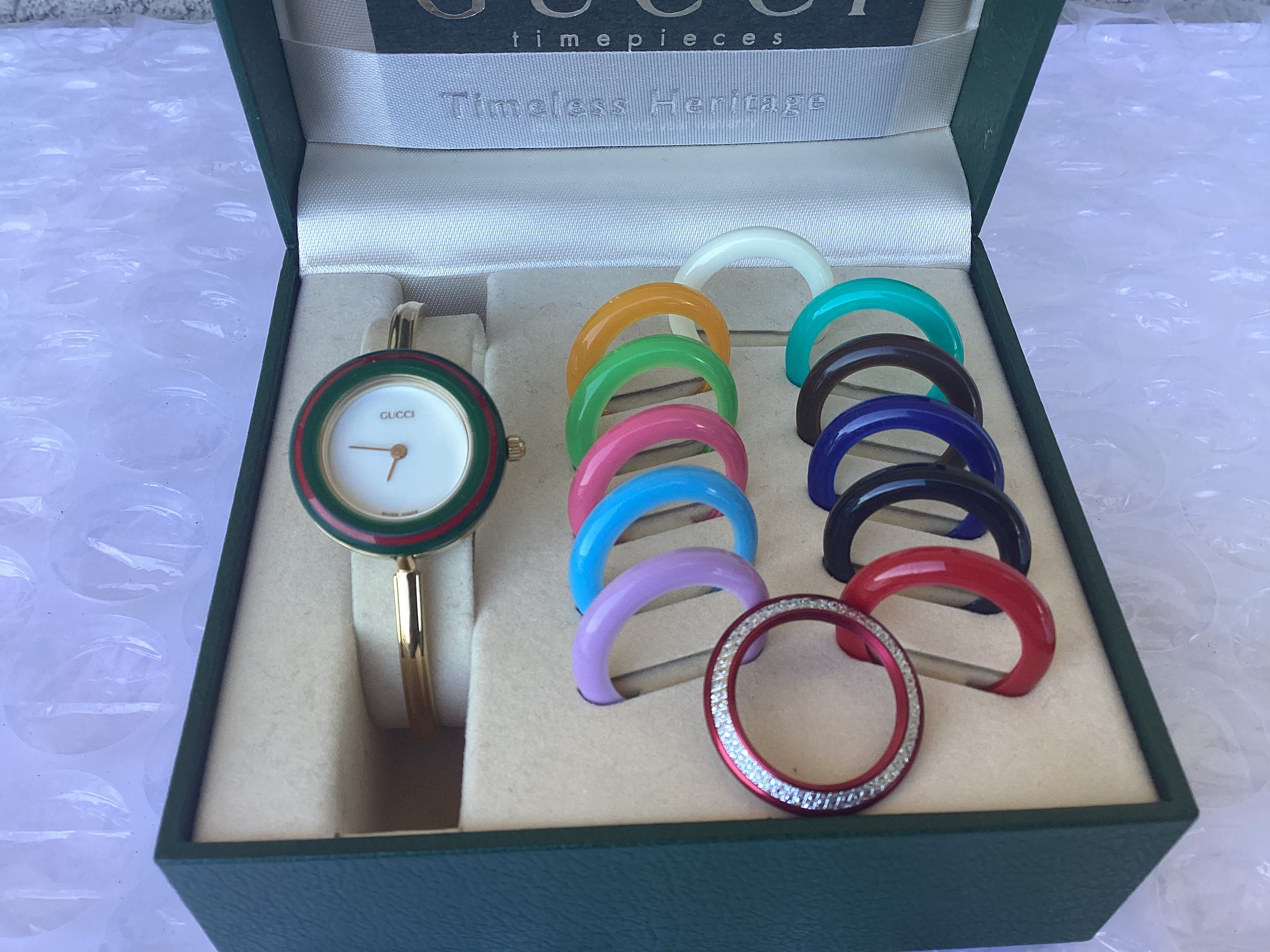1990s Old Vintage Gucci Interchangeable Bezel Bangle Watch Gold 