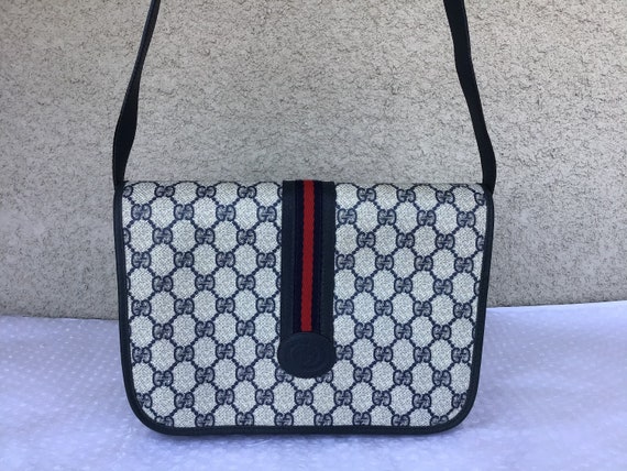 Gucci Vintage 1970s Navy Blue Monogram Coated Canvas Leather