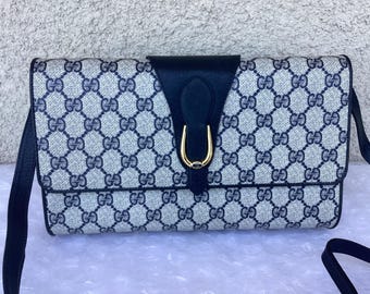 Vintage 1980's Gucci Shoulder Bag Blue Canvas Preowned Condition