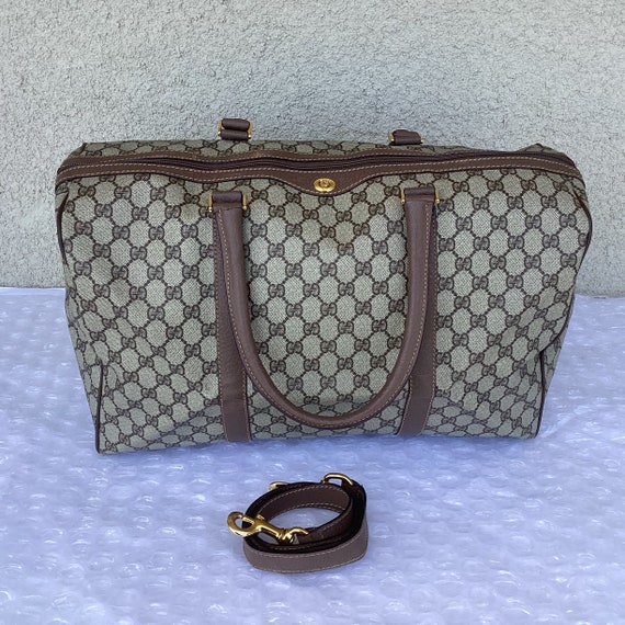 Vintage Old Gucci Large Boston Duffel Travel Bag Brown Canvas 