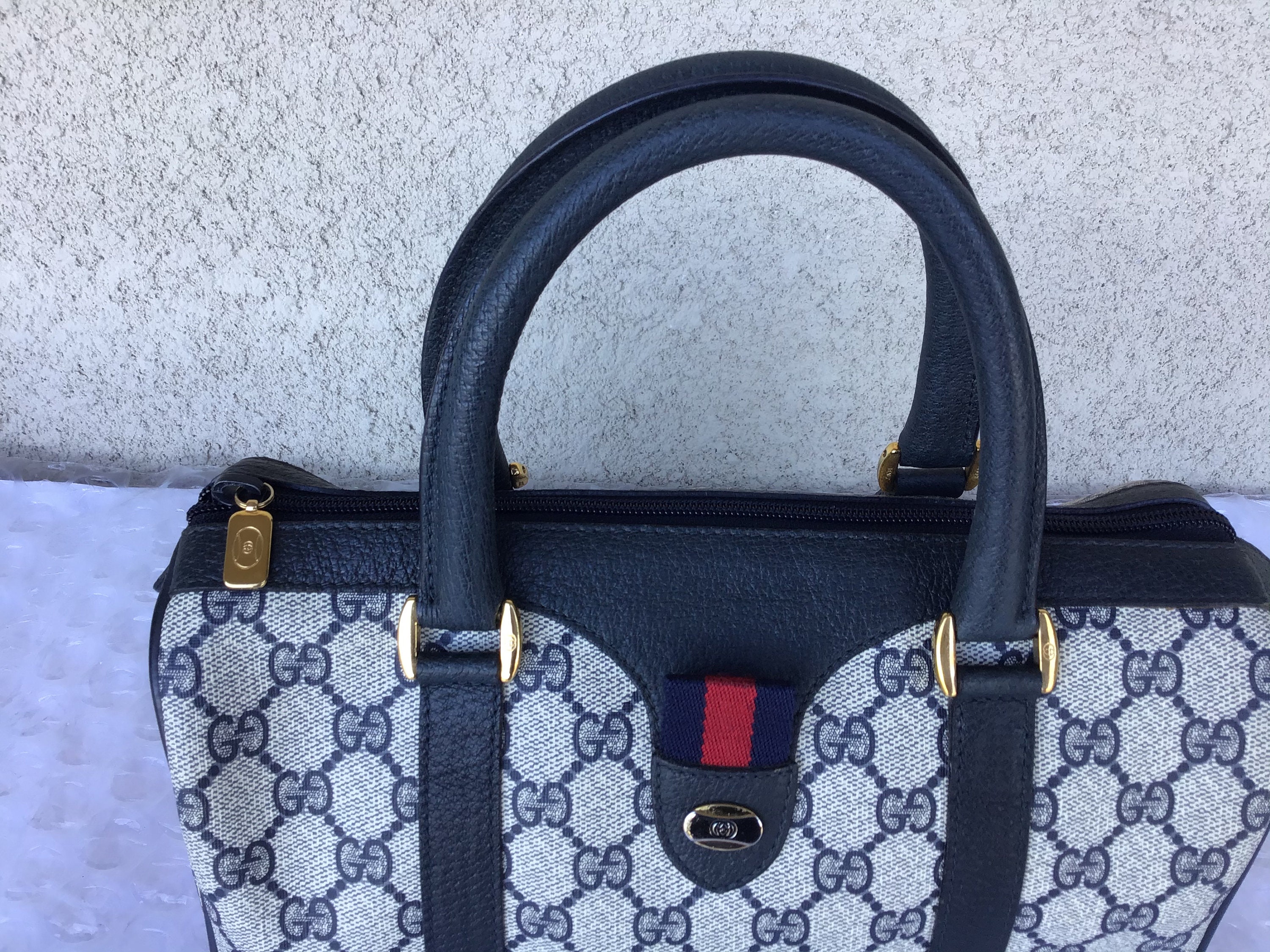 Ophidia Gucci Vintage Blue Canvas and Leather Monogram Web Boston Bag Cloth  ref.911175 - Joli Closet