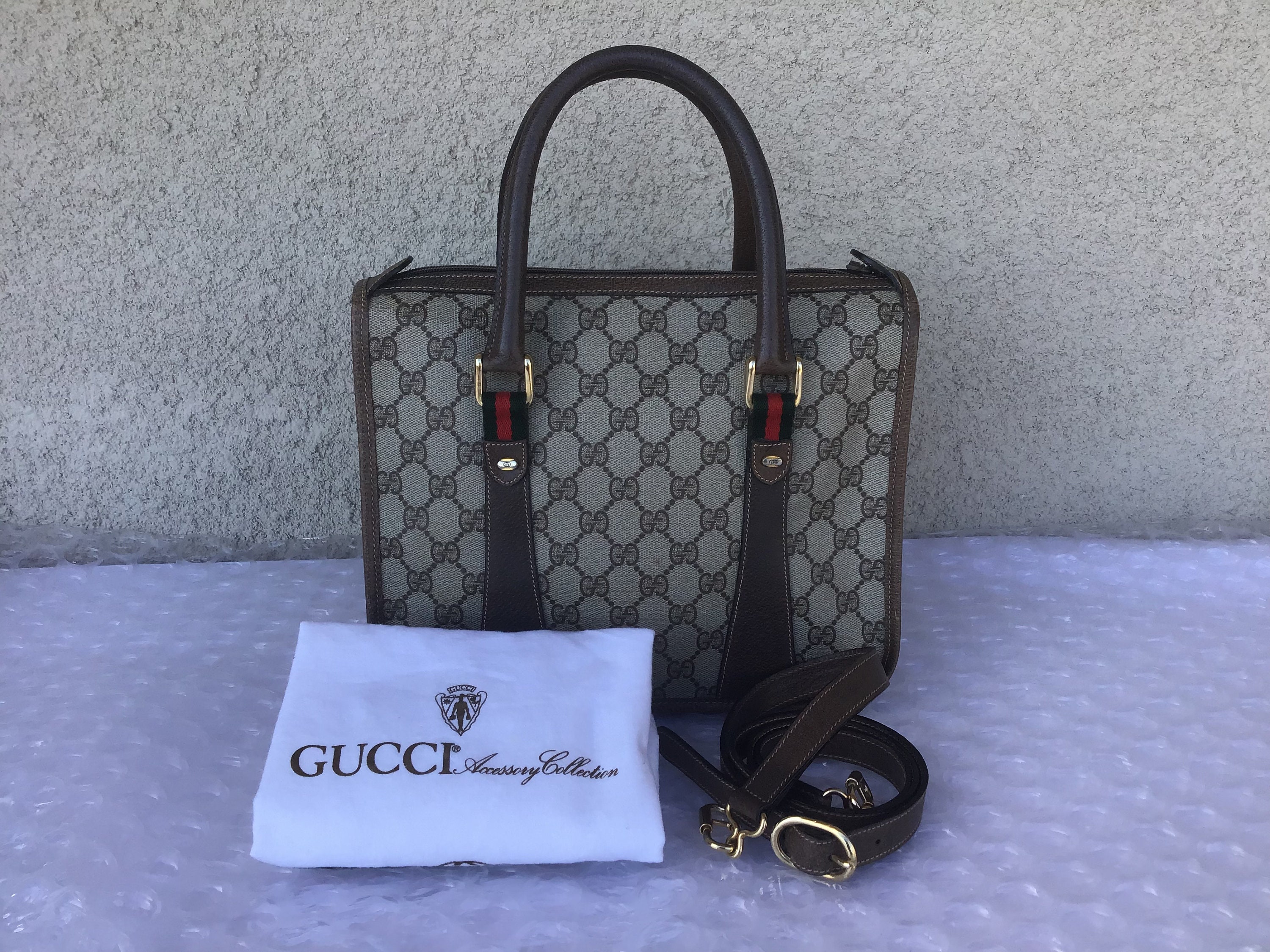 Old Vintage 1990's Gucci Small Crossbody Shoulder Bag Micro GG Black Canvas Good Preowned Condition