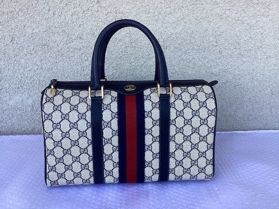 Gucci White/Navy Blue GG Canvas and Leather Medium Vintage Web