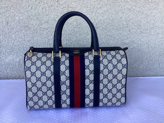 Buy Old 1980s Vintage Gucci Large Doctor Boston Bag Web Blue