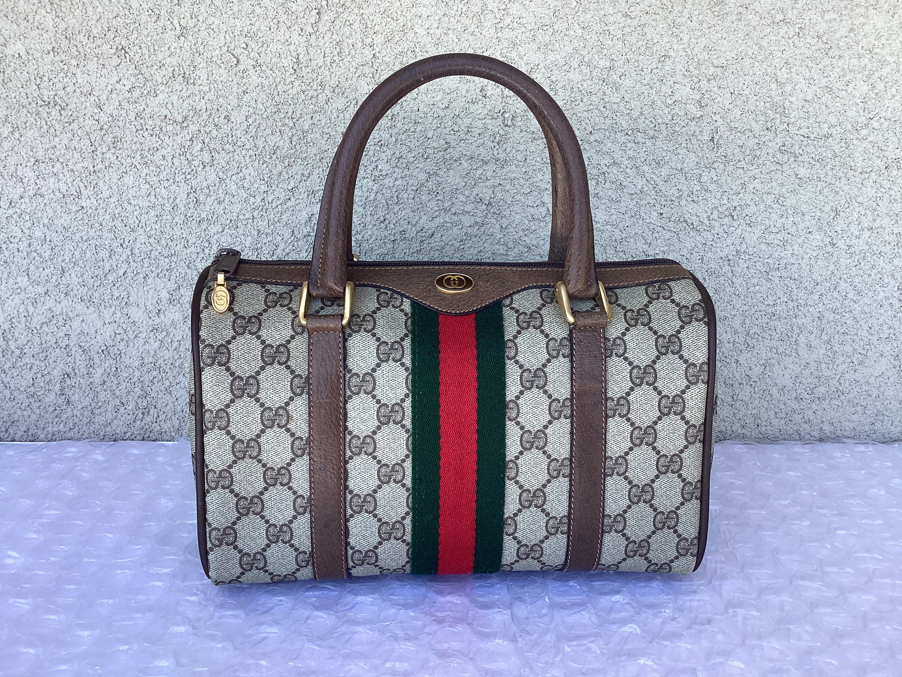 Old Vintage Gucci Small Doctor Boston Bag Web Brown Canvas Good Exterior  Preowned Condition 