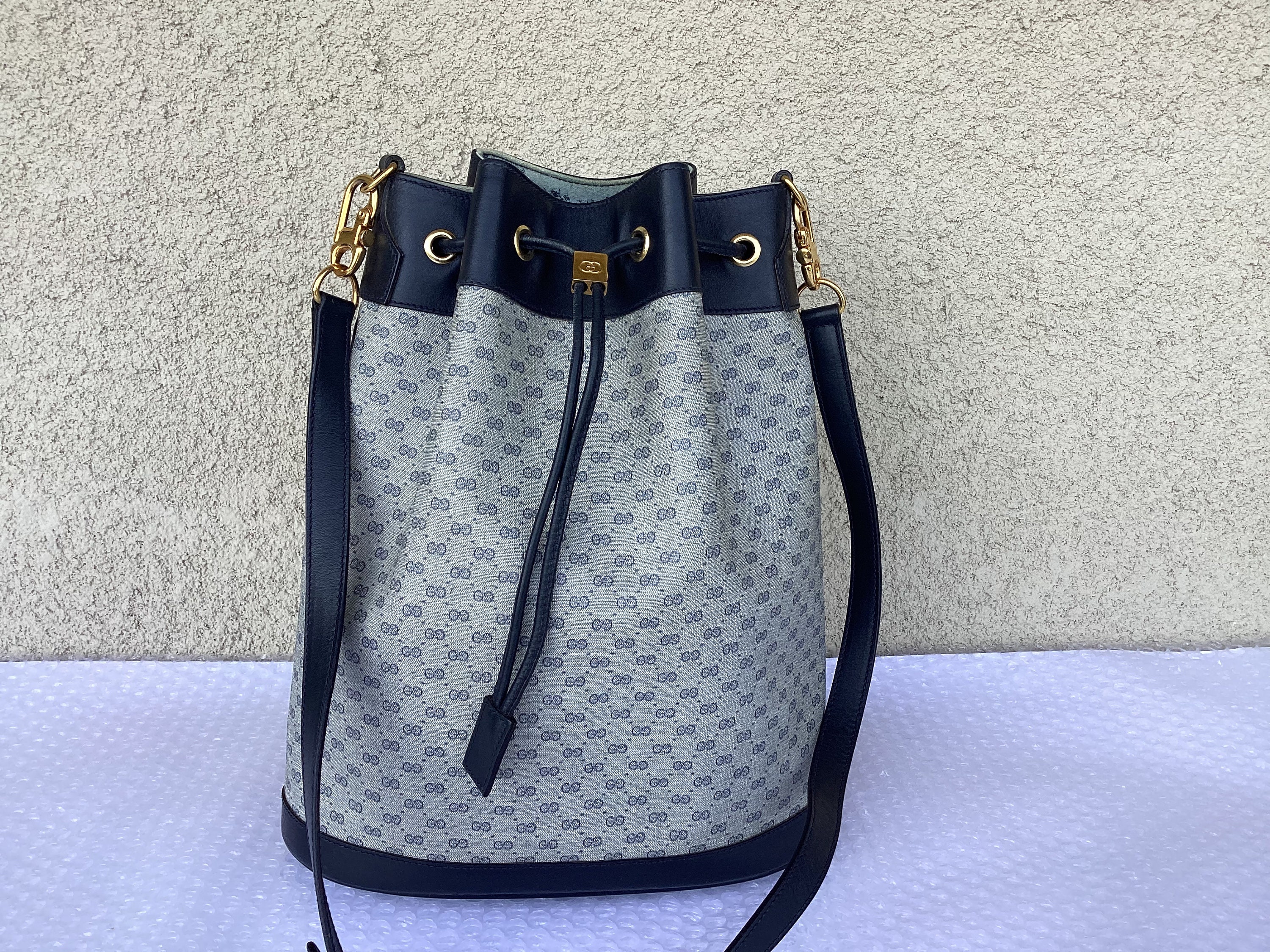 Gucci GG Denim Monogram Canvas Small Bucket Tote Handbag - Boca Pawn