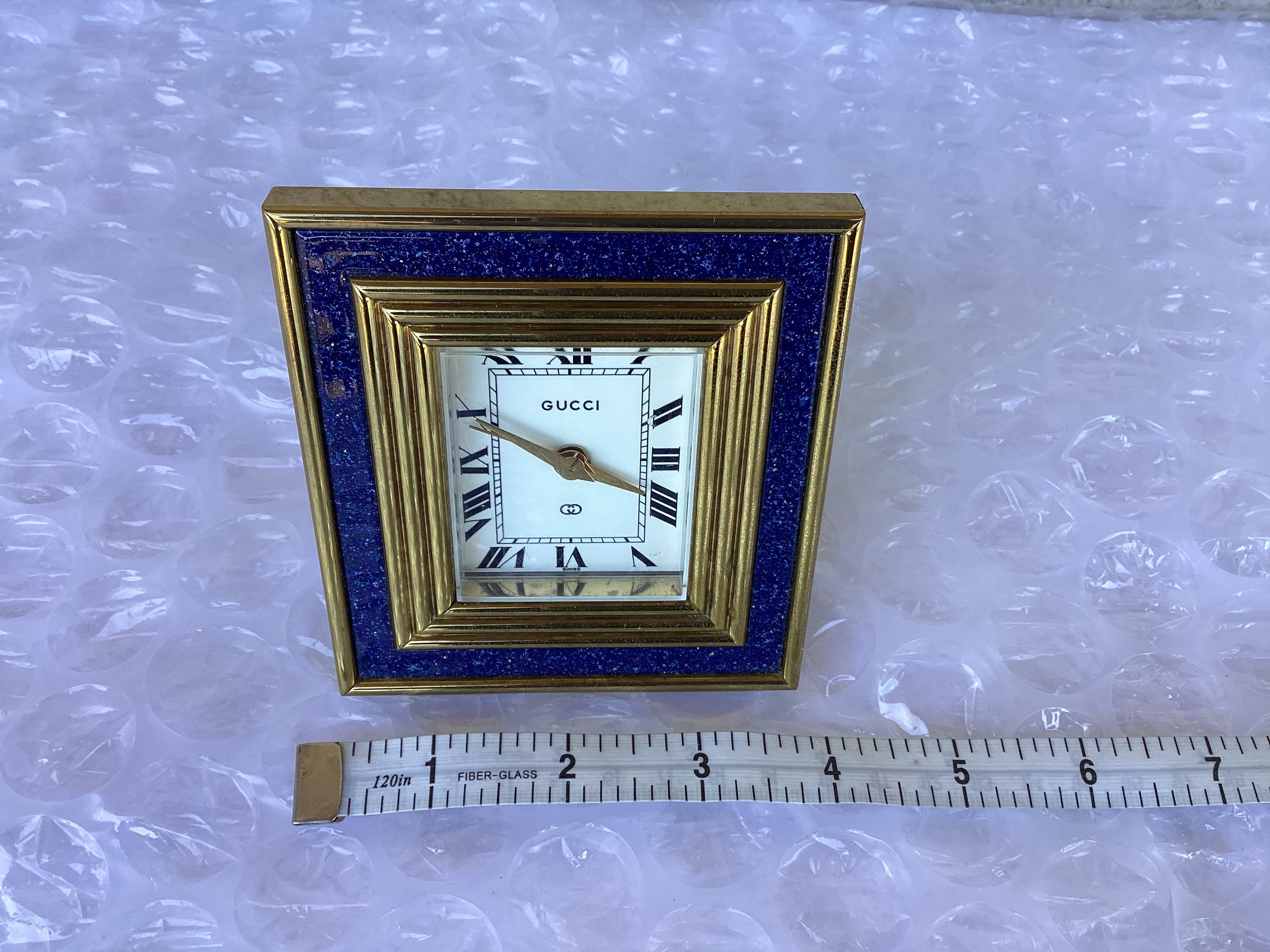 Vintage Gucci Blue Lapis Brass 8 Day Alarm and Table Clock