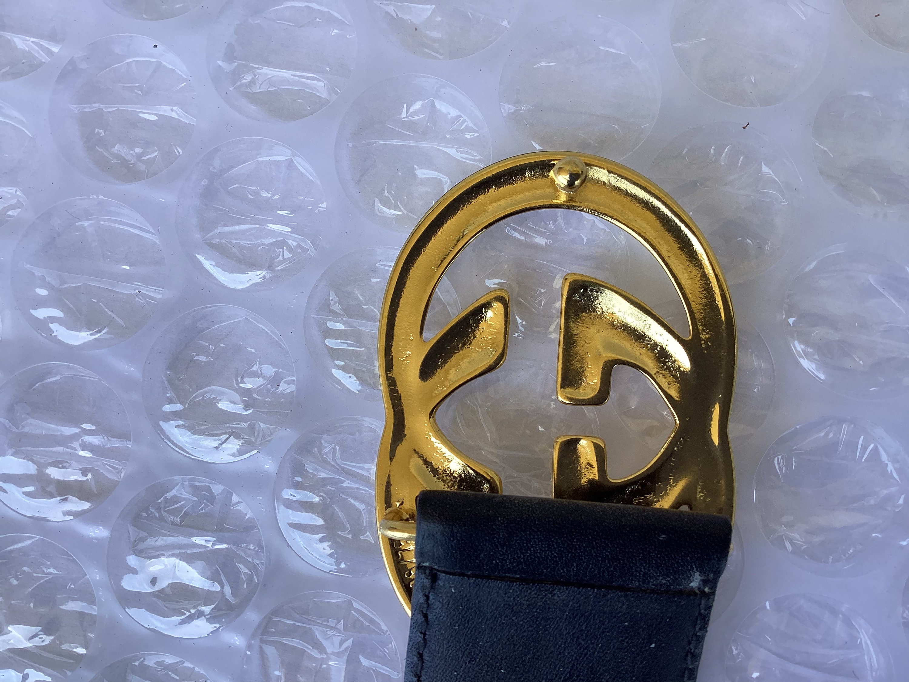 VINTAGE 1970's GUCCI Reversable Grey Navy Leather Gold G
