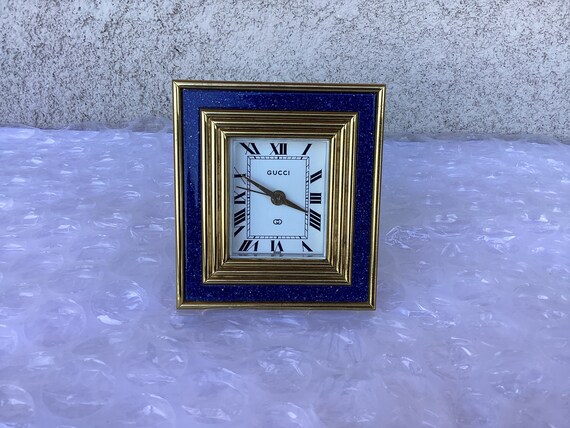 Vintage Gucci Blue Lapis Brass 8 Day Alarm and Table Clock Used