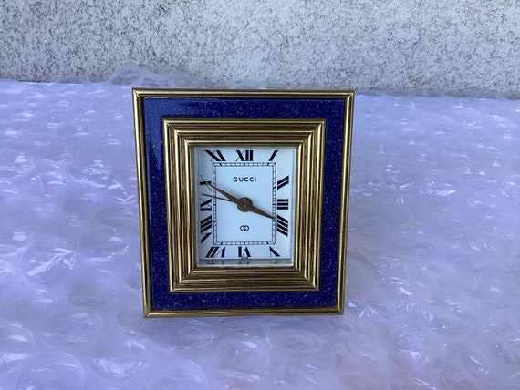 Vintage Gucci Blue Lapis Brass 8 Day Alarm and Table Clock Used