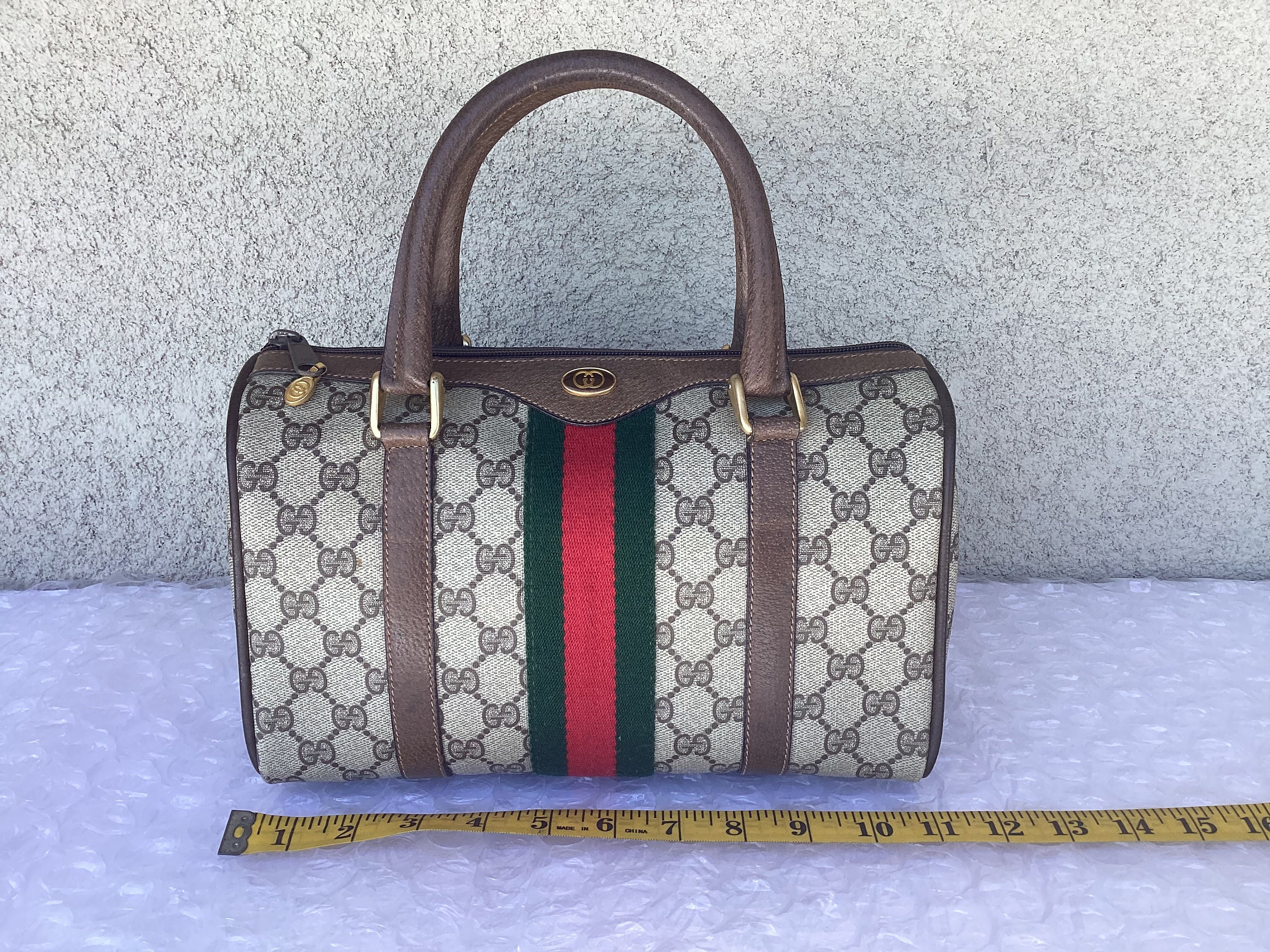 Old Vintage Gucci Small Doctor Boston Bag Web Brown Canvas Good Exterior  Preowned Condition 