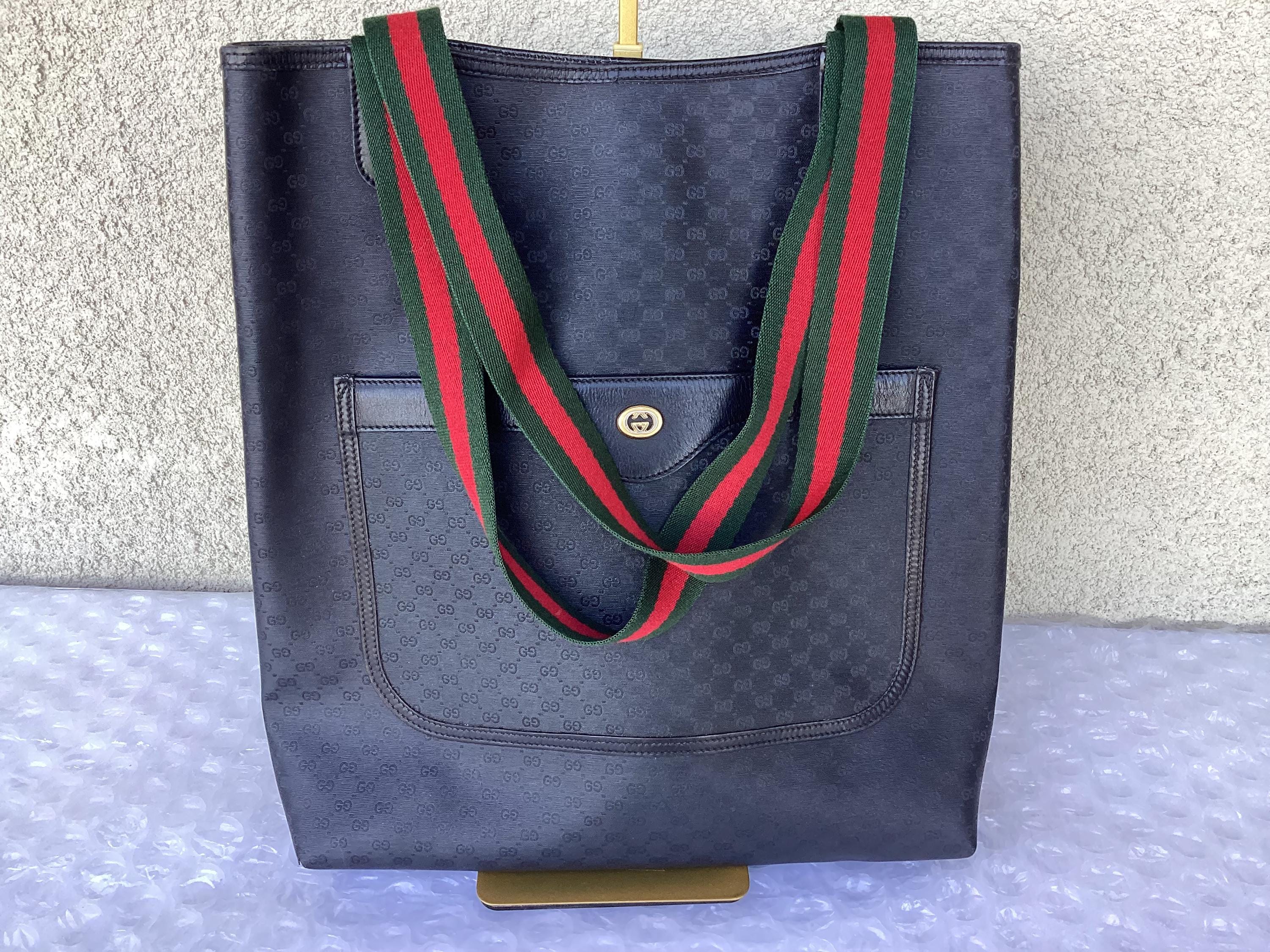 Vintage Old Gucci Tote Bag Micro GG Black Canvas Used Fair