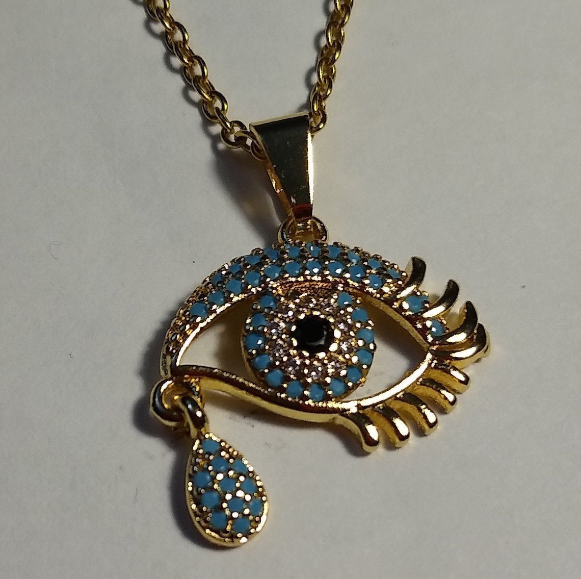 Tear Drop Evil Eye Pendant With Chain 10K Gold Plated Very Intricate