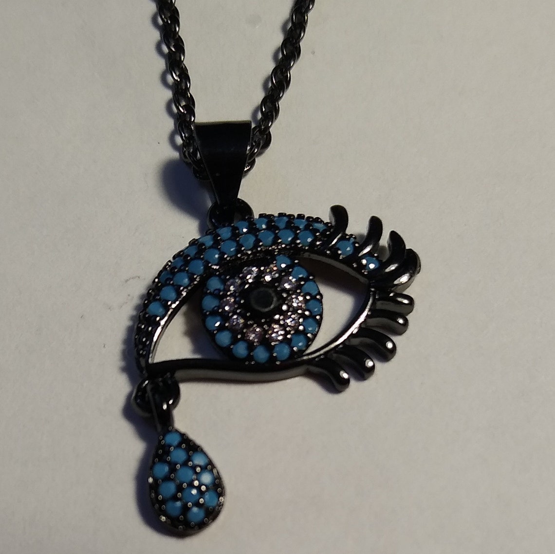 Tear Drop Evil Eye Pendant With Chain 10K Gold Plated Very Intricate