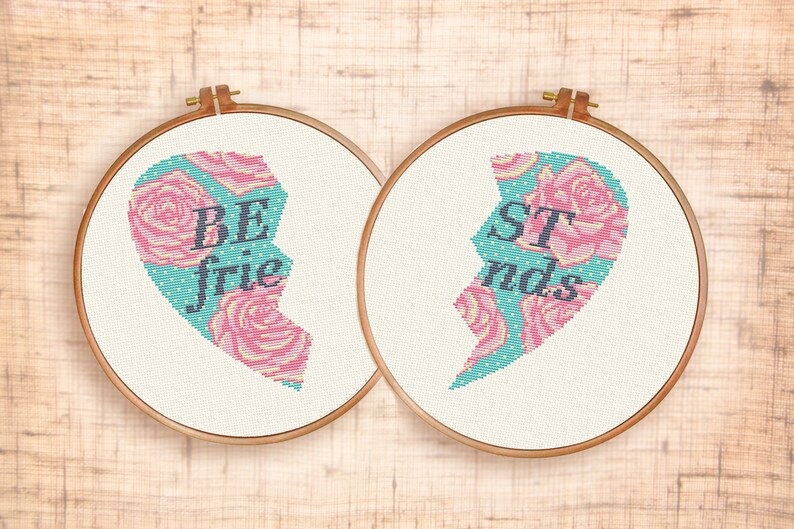 Best Friends Cross Stitch Pattern Modern Cross Stitch Half Heart Cross Stitch Valentine S Day Gift Diy Flower Love Cross Stitch Friendship Patterns Sewing Needlecraft Kromasol Com