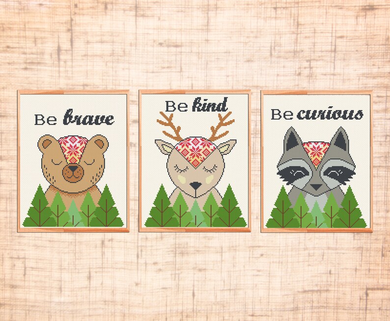 Set Of 3 Woodland Animals Cross Stitch Pattern Baby Cross Stitch Pdf Nursery Cross Stitch Bear Raccoon Cross Stitch Deer Be Kind Brave Crewel Sewing Fiber Fontane Physio De