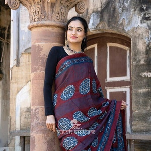 Gorgeous handblock print red ajrakh modal silk saree