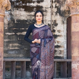Designer modal silk ajrakh handprint saree