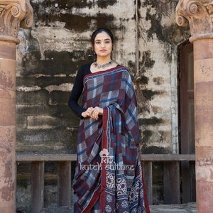 Simple designer hand printed ajrakh modal silk saree