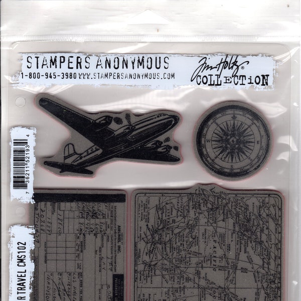 Tim Holtz Collection, Air Travel CMS102 Rubber Stamp Set, Stampers Anonymous, 4 Cling Stamps made of Red Rubber, Made in the USA