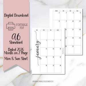 May include: Digital download of a printable PDF A6 standard calendar for 2026. The calendar features a two-page month layout with Monday and Sunday start dates. The design is minimalist with a January header.
