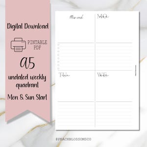 Puede incluir: PDF imprimible de cuadrante semanal A5 sin fecha. El diseño presenta un fondo blanco con un diseño de cuadrícula para la planificación diaria. El texto incluye "this week", "MO", "Tu" y "WE". El diseño también incluye una pancarta rosa.