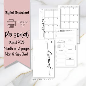 Puede incluir: Descarga digital de un planificador personal fechado en 2026. Incluye calendarios mensuales, una visión general mensual y listas de tareas. El diseño presenta la palabra "enero" en una elegante escritura.