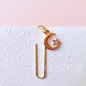 Gold Crescent Moon Star Rhinestone Charm Gold Metal PaperClip Bookmark, paper clip