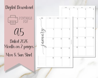 DIGITALE 2026 Elegante mese su 2 pagine Script Font Planner Inserto Panoramica mensile // A5, download immediato