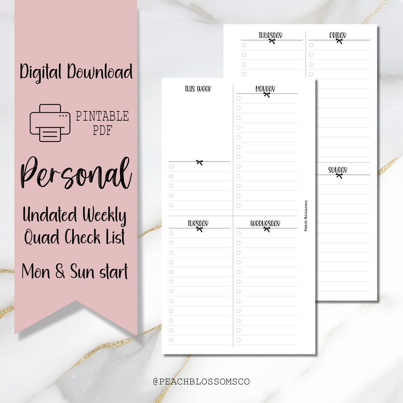Notes. Printable Quad DIGITAL Undated Weekly Quad Checklist, Minimalist W02P || Personal ...