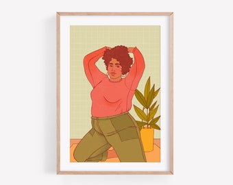 Stay at home - Fine Art Print ~ Lucile Farroni/illustration/woman/orange/pink/green/housse decor/poster/A4