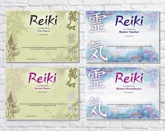 Stunning Professional Reiki Certificates Levels I, II, & Master, Reiki Certificates of Completion Templates, Reiki Business Awards Templates