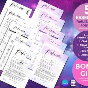 May include: Five essential Reiki business forms in A4 size, including pre/post session evaluation, chakra notes, client feedback survey, client notes, and client consent.  The forms are available in full color and monochrome.  Bonus gift: two different A4 poster designs.