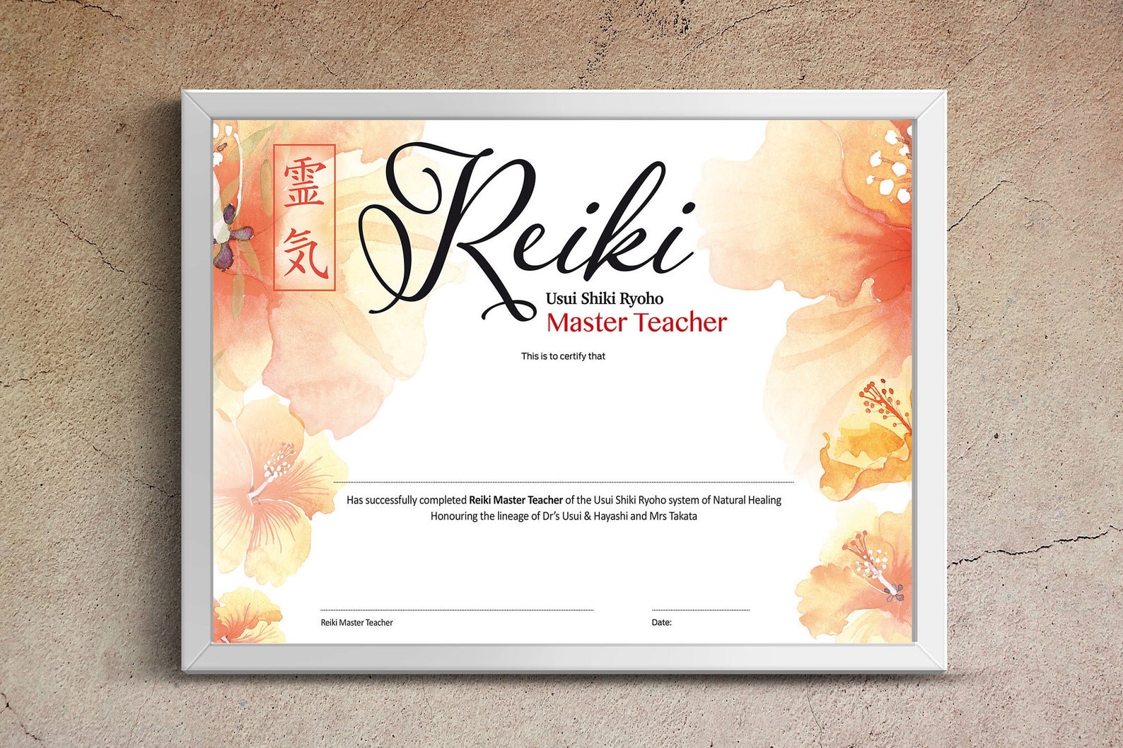 Usui Reiki Master Teacher Certificate Template, Reiki Certificate of
