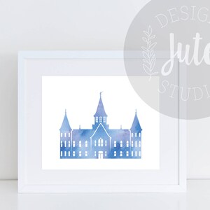 Centro de LDS templo de PROVO ciudad instantánea de arte imprimible descargar acuarela impresión azul púrpura