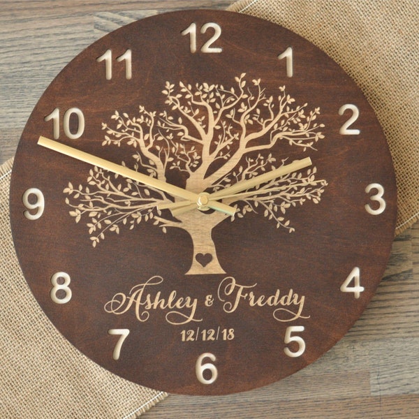 Personalized Family Tree Wooden Wall Clock Stained Wood Clocks Newlyweds Wedding Anniversary gift