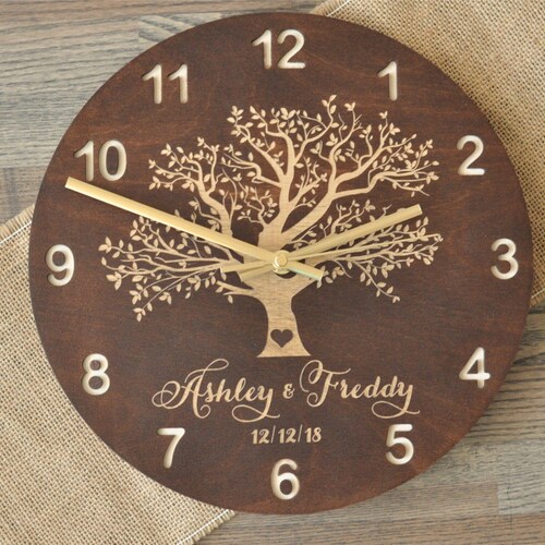Personalized Family Tree Wooden Wall Clock Stained Wood Clocks Etsy