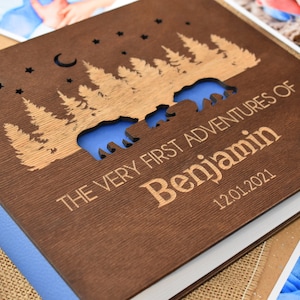 Exclusive Baby Boys Wooden Photo Album First Year Journal Baby Shower Guest Book Engraved Personalized Birthday Bear